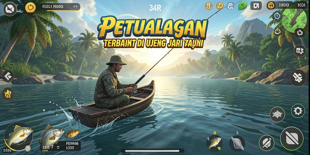 Screenshot 34R menampilkan gameplay menarik saat memancing ikan.