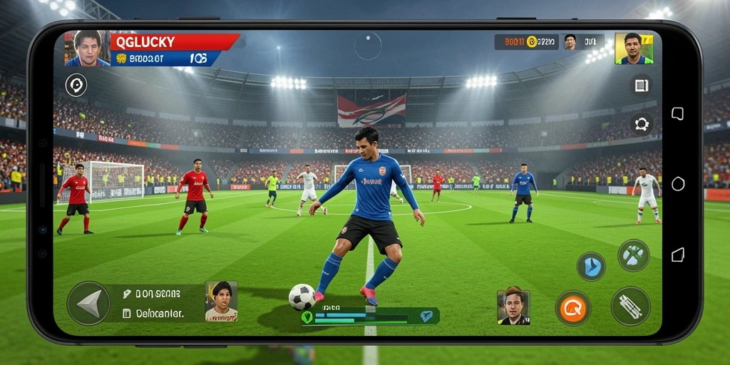 Tampilan gameplay QGLUCKY dengan aksi sepak bola penuh semangat.