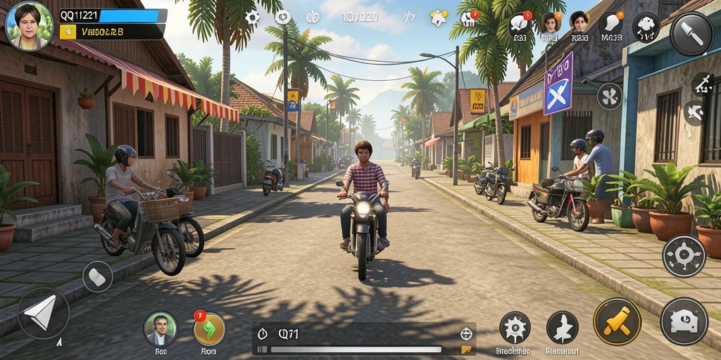 Screenshot gameplay QQ1221 menunjukkan interaksi karakter yang dinamis.